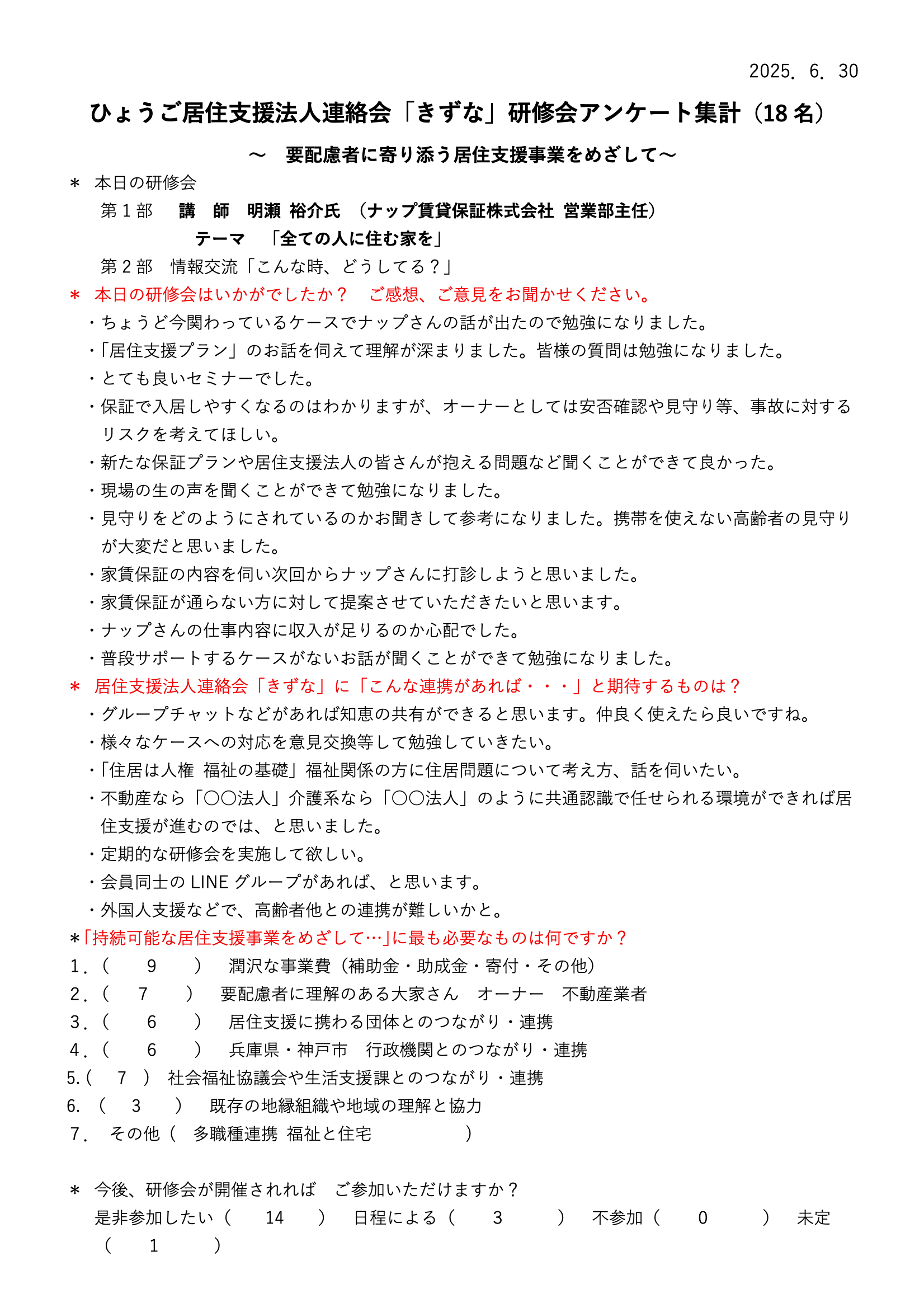 ひょうご居住支援法人連絡会「きずな」研修会アンケート集計のチラシ